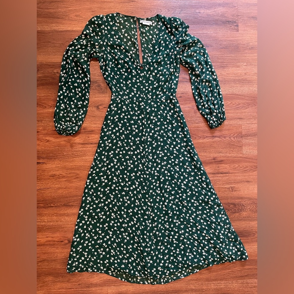 REFORMATION Joy Dress Annette Print Green White Ditsy Floral Open Back Women's 0 - Picture 2 of 16